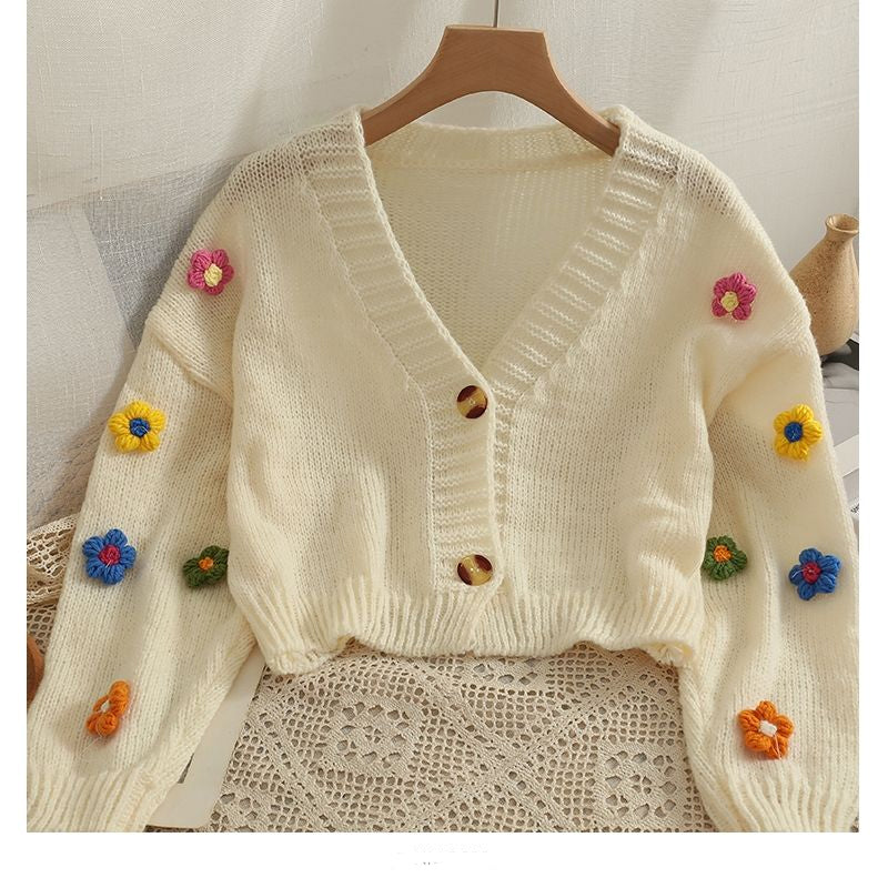 3D Flower Cropped Cardigan Sweater