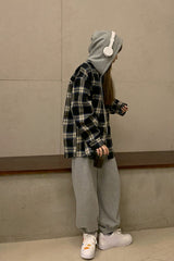 Long Sleeve Plaid Hooded Blouse Shirt