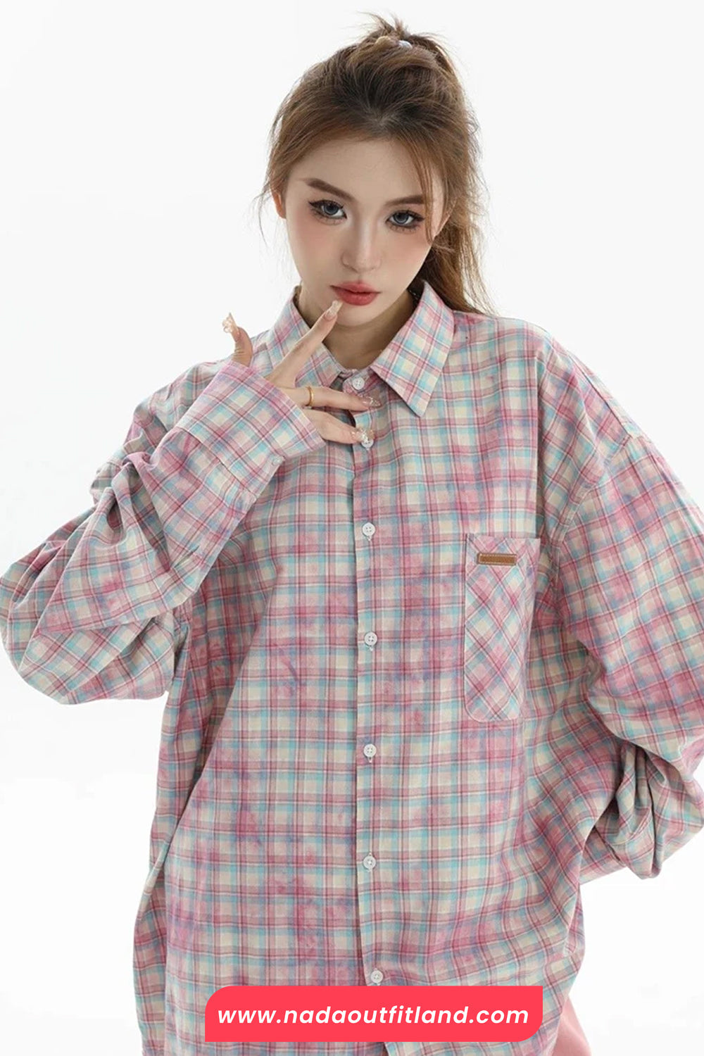 Long Sleeve Retro Plaid Tie Dye Style Blouse Shirt