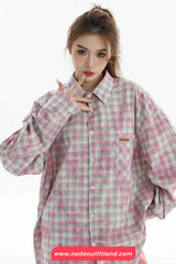 Long Sleeve Retro Plaid Tie Dye Style Blouse Shirt
