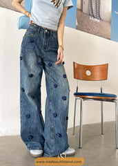 High Waist 3D Flower Pattern Long Jeans Pants