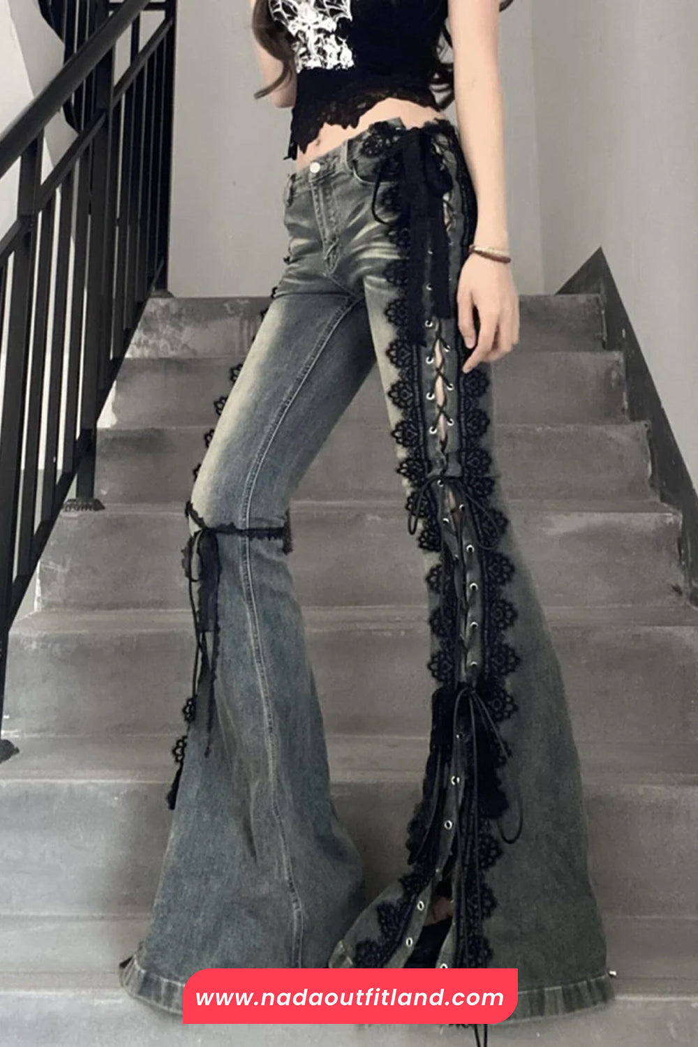 Vintage Side Lace Bandage Flare Jeans Pants