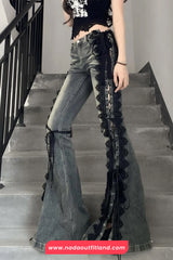 Vintage Side Lace Bandage Flare Jeans Pants
