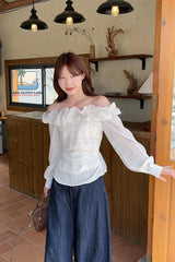 Long Sleeve Off Shoulder Plaid Pattern Ruffle Slim Blouse Shirt