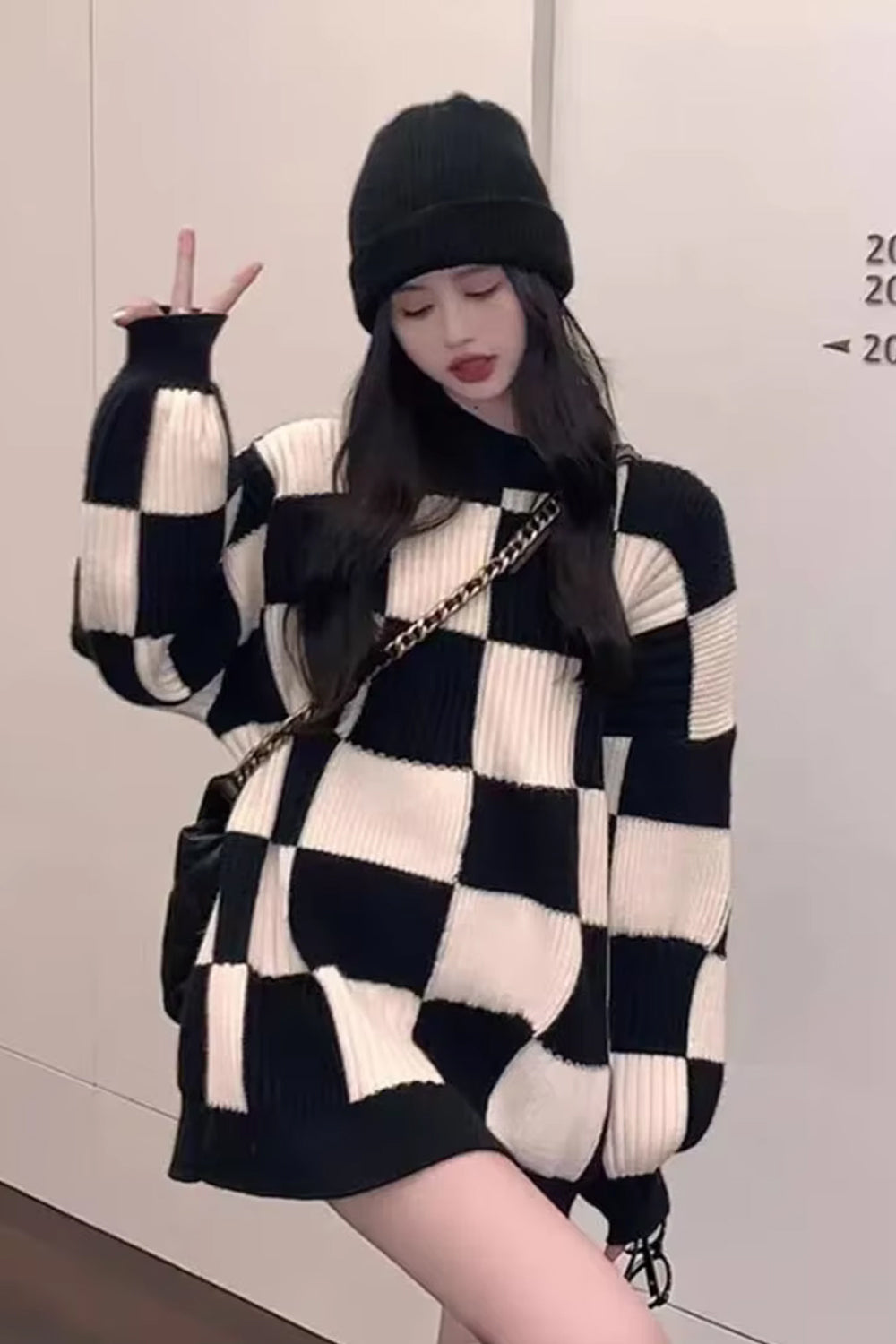 Long Sleeve Plaid Checkered Knitted Sweater