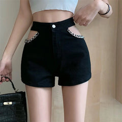 Sexy Cut Out Chain Patchwork Denim Shorts