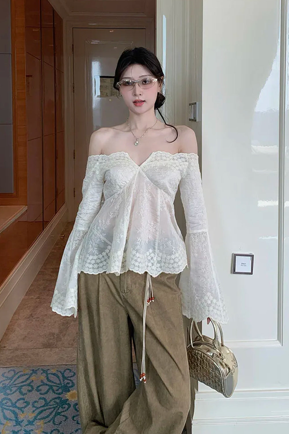 Sexy Flare Sleeve Floral Embroidered Cropped Transparent Shirt