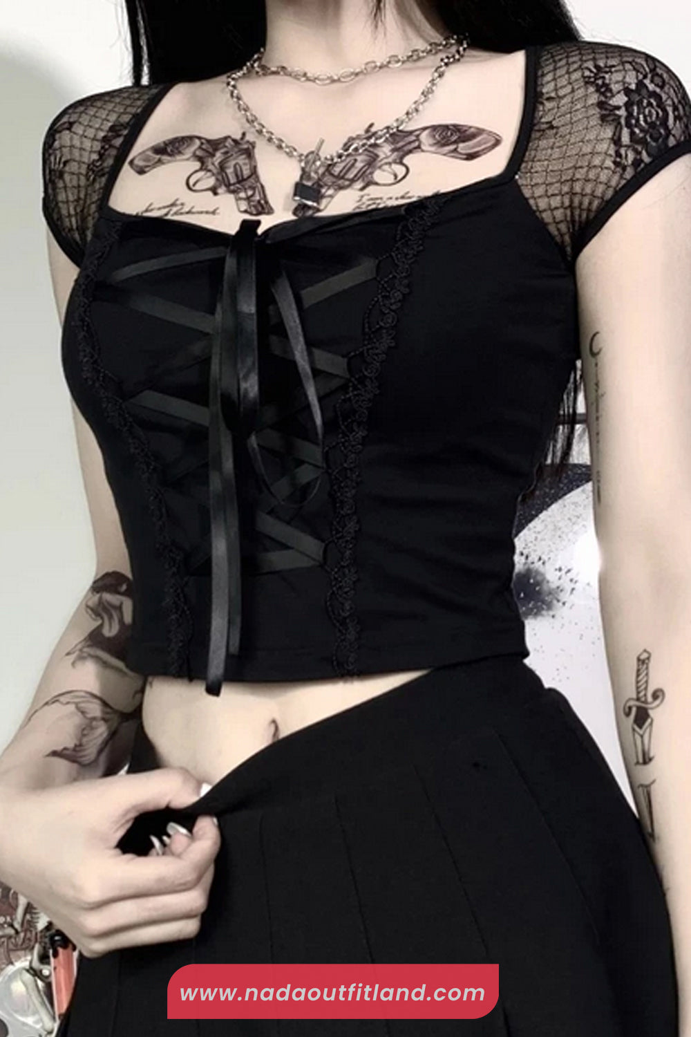 Short Sleeve Lace Bandage Gothic Cropped Shirt