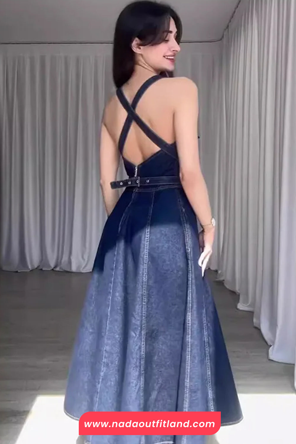 Sexy Open Back Strappy Long Denim Dress