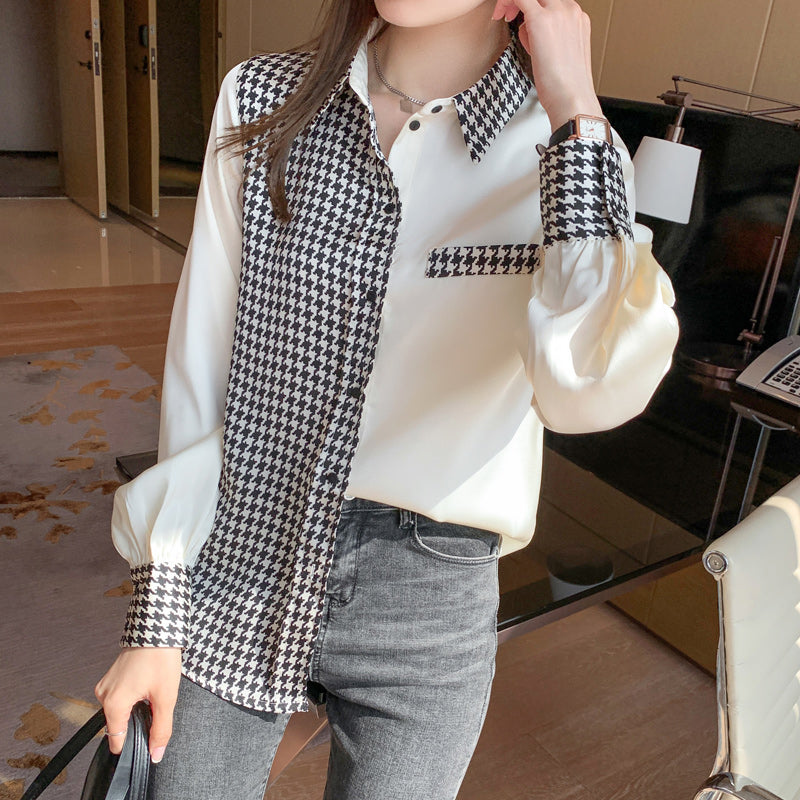 Long Sleeve Houndstooth Satin Blouse Shirt