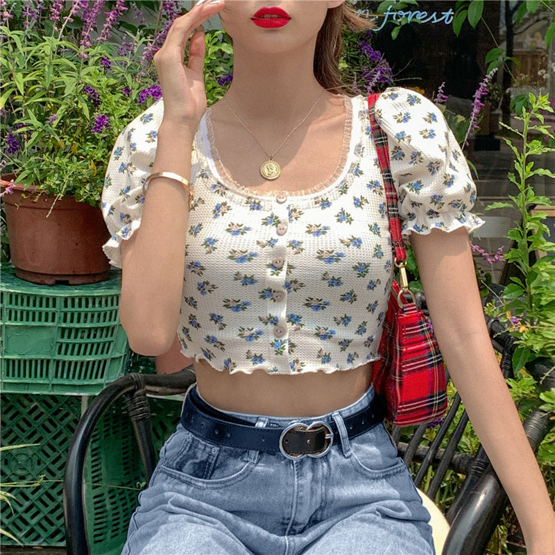 U-Neck Florals Pattern Slim Shirt