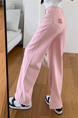 Back Cute Pocket Embroidered Sweet Pink Jeans Pants