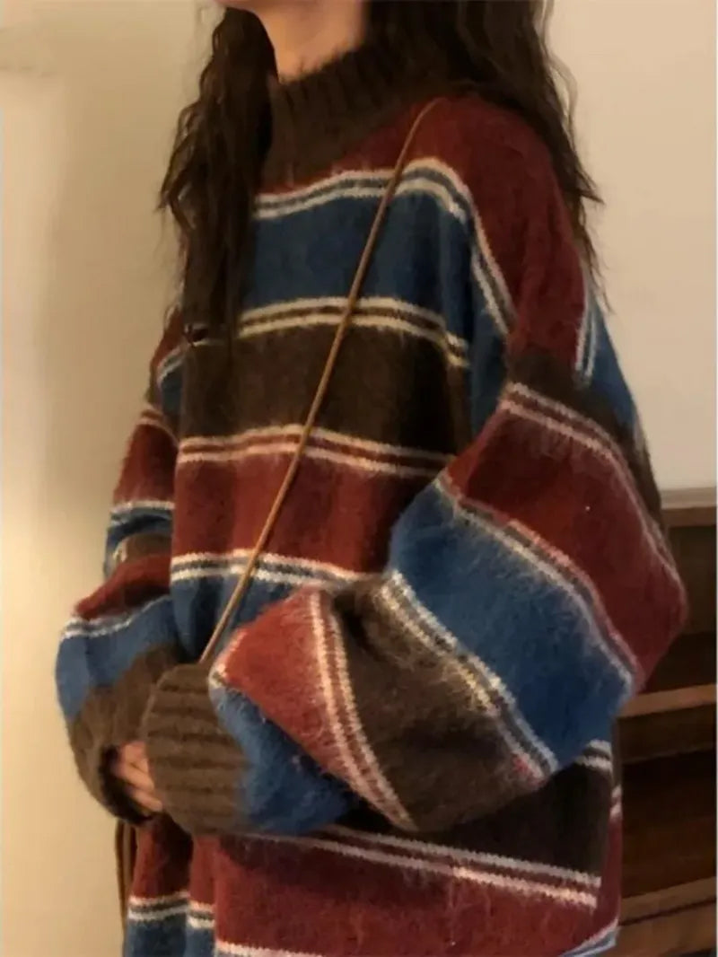 Retro O-Neck Knitted Striped Sweater