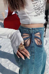 High Waist Butterfly Shaped Hole Jeans Pants