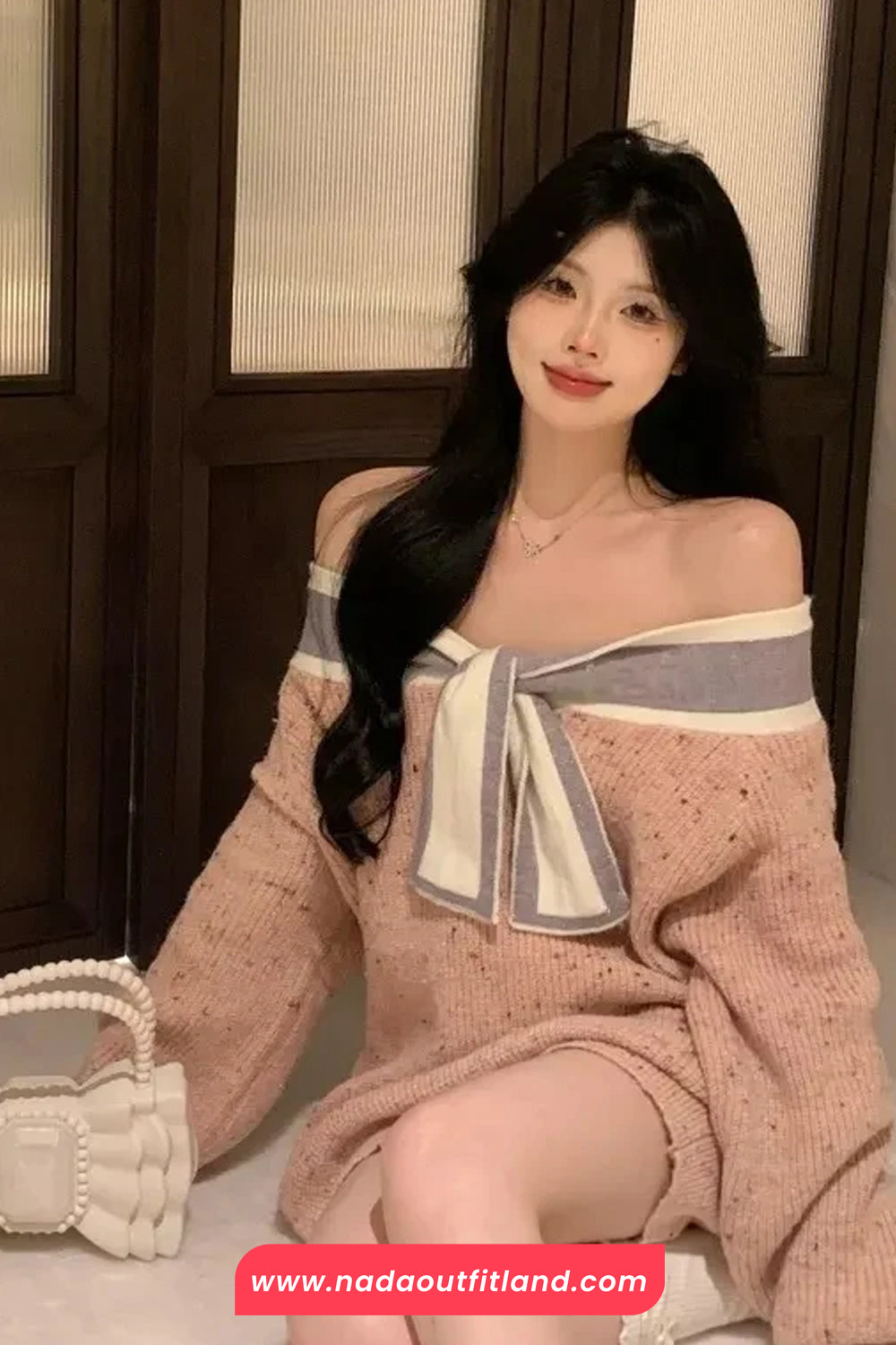 Long Sleeve Off Shoulder Sweet Bow Knitted Sweater