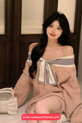 Long Sleeve Off Shoulder Sweet Bow Knitted Sweater