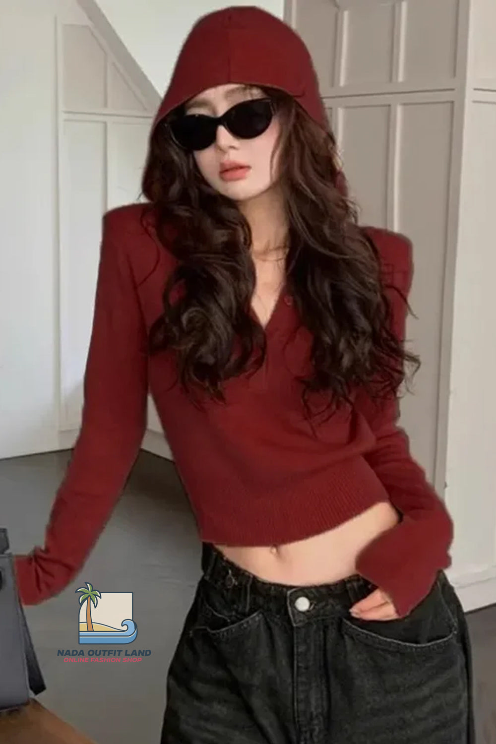 Sexy V-Neck Button Hooded Cropped Sweater
