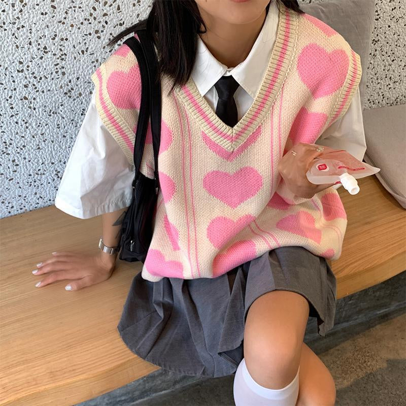 Love Pattern Loose V-Neck Vest Sweater