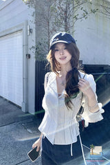 Lace Tie Patchwork Elegant White Blouse Shirt