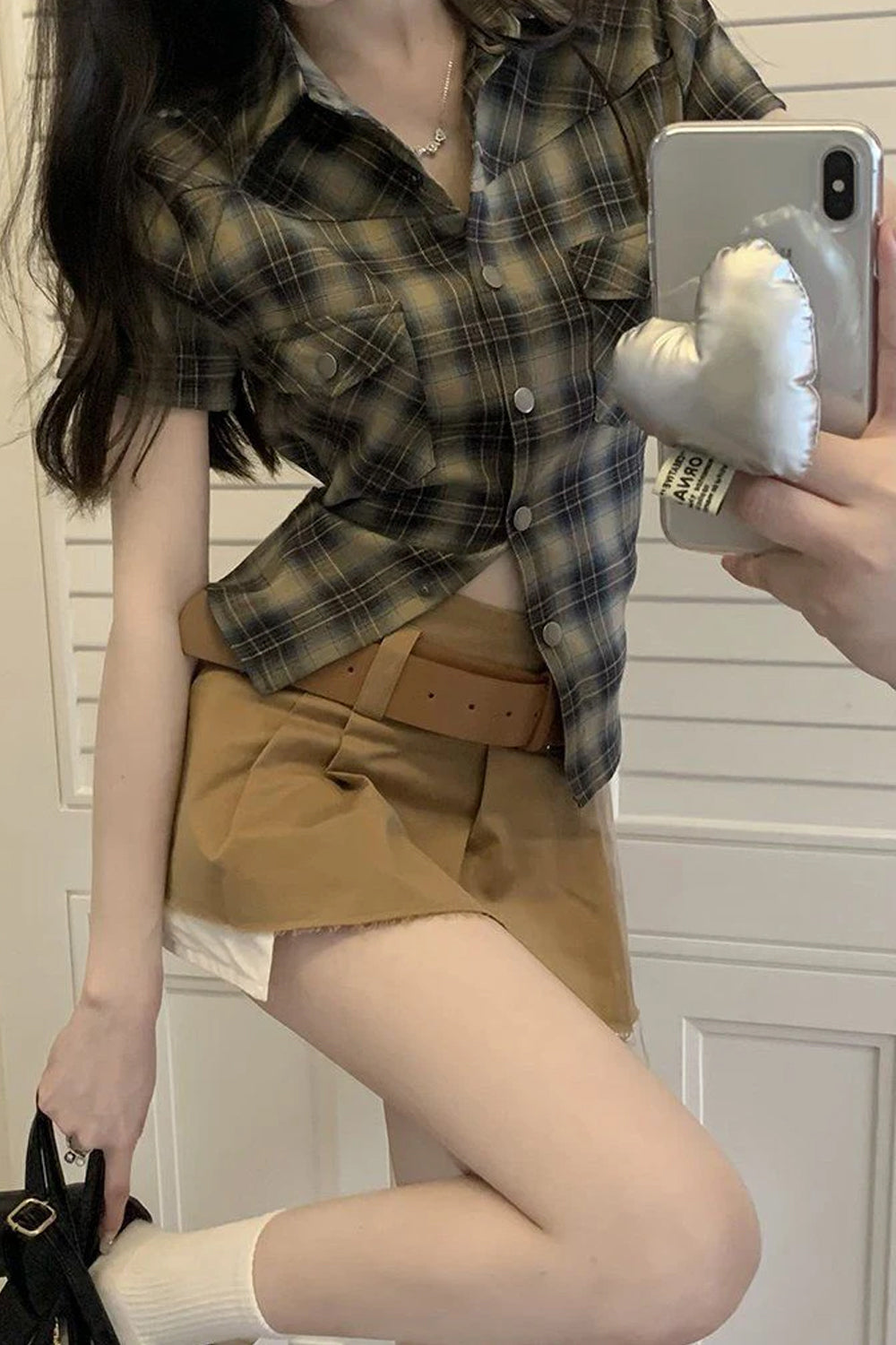 Retro Plaid Cropped Blouse â€?Soft Feminine Everyday Top