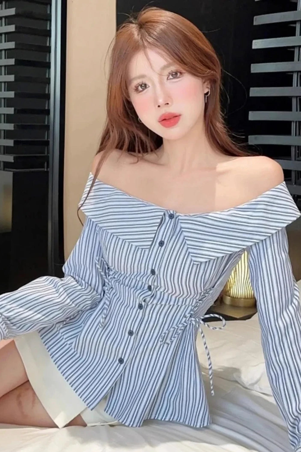 Slash Neck Off Shoulder Striped Slim Blouse Shirt