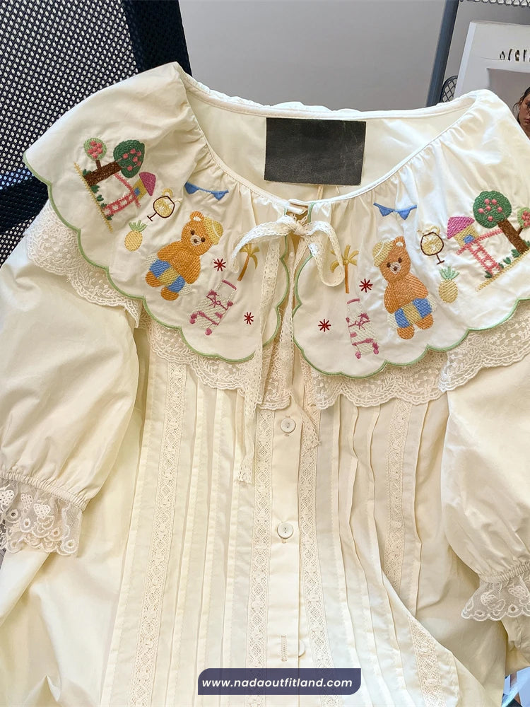 Puff Sleeve Cute Doll Collar Embroidered Lace Blouse Shirt