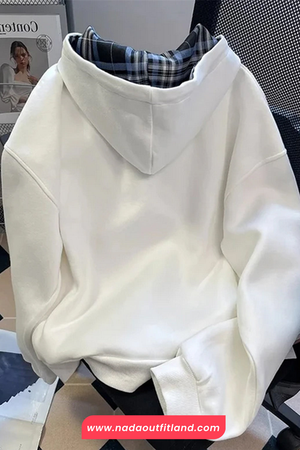 Loose Hooded Plaid Sided Retro Bow Sweatshirt