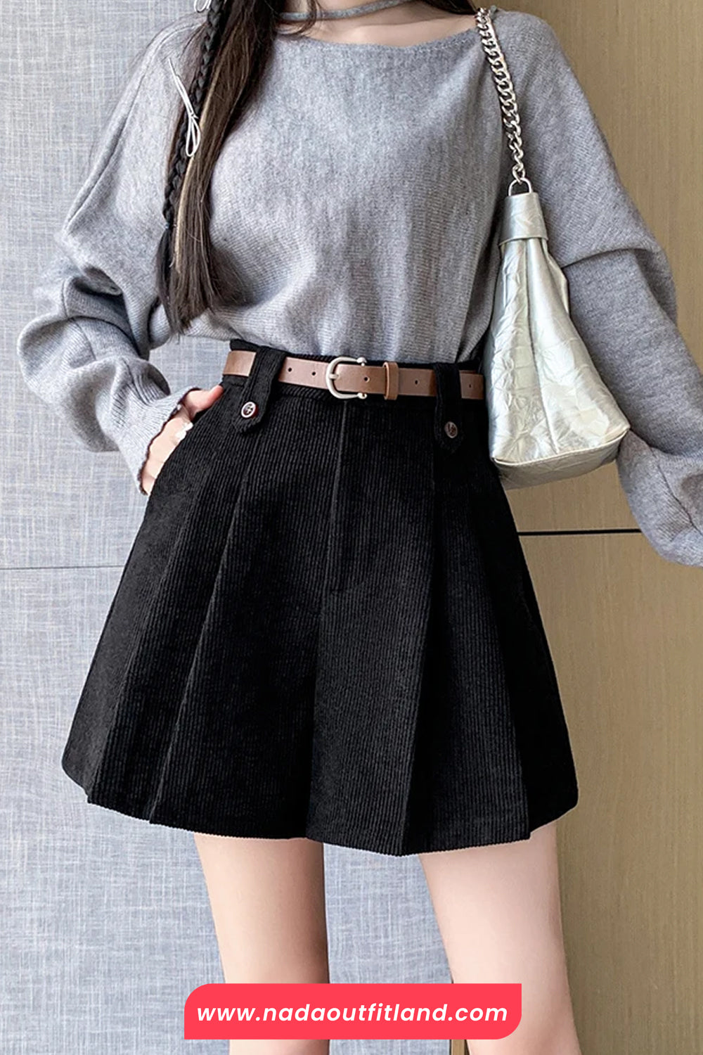 High Waist A-Line Pleated Corduroy Mini Skirts