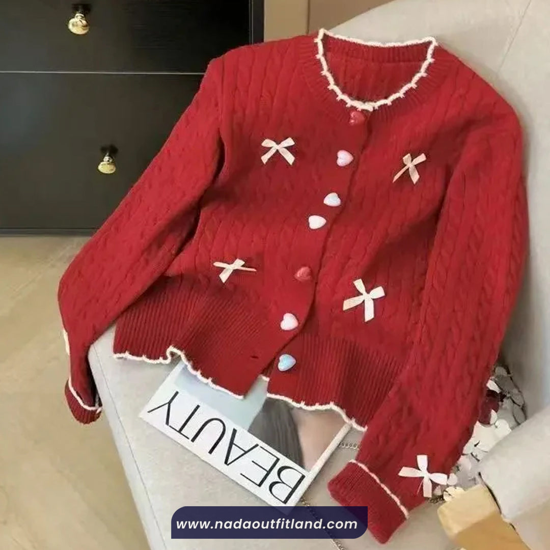Long Sleeve Bow Patchwork Knitted Cardigan Sweater