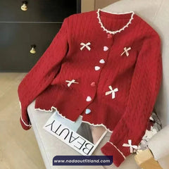 Long Sleeve Bow Patchwork Knitted Cardigan Sweater