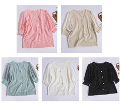 Short Sleeve V-Neck Lace Pearls Button Chiffon Shirt