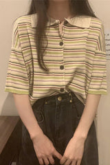 Loose Turn Down Knitted Striped Shirt