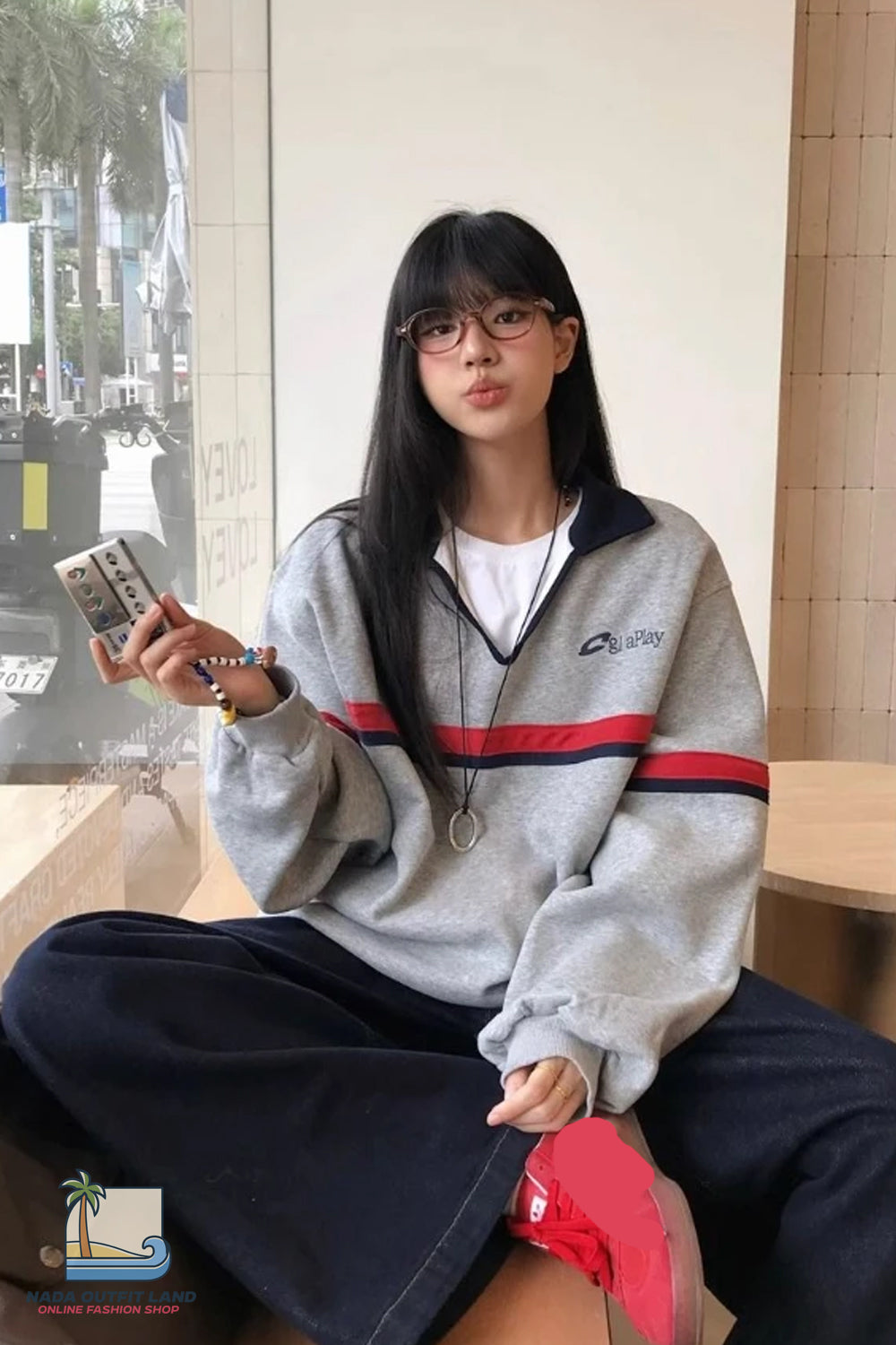 Long Sleeve Grey Striped Pattern Lapel Collar Retro Sweatshirt