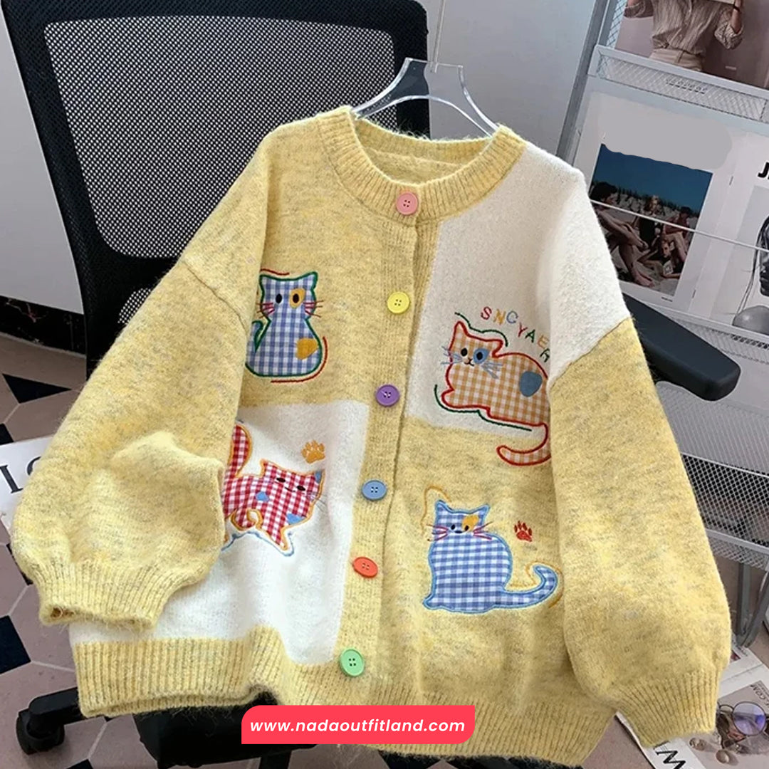 Long Sleeve Cat Embroidered Colorful Button Cardigan Sweater