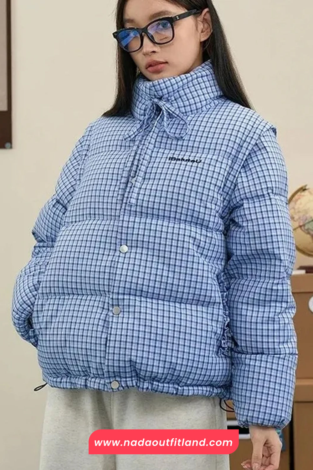 Blue Plaid Pattern Removable Sleeve Parkas Puffy Jacket