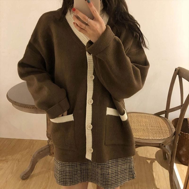 V-Neck Knitted College Cardigan Sweater