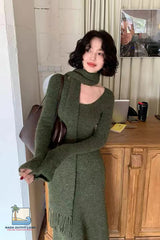 Long Sleeve Vintage Kniited Slim Fit Dress With Scarf