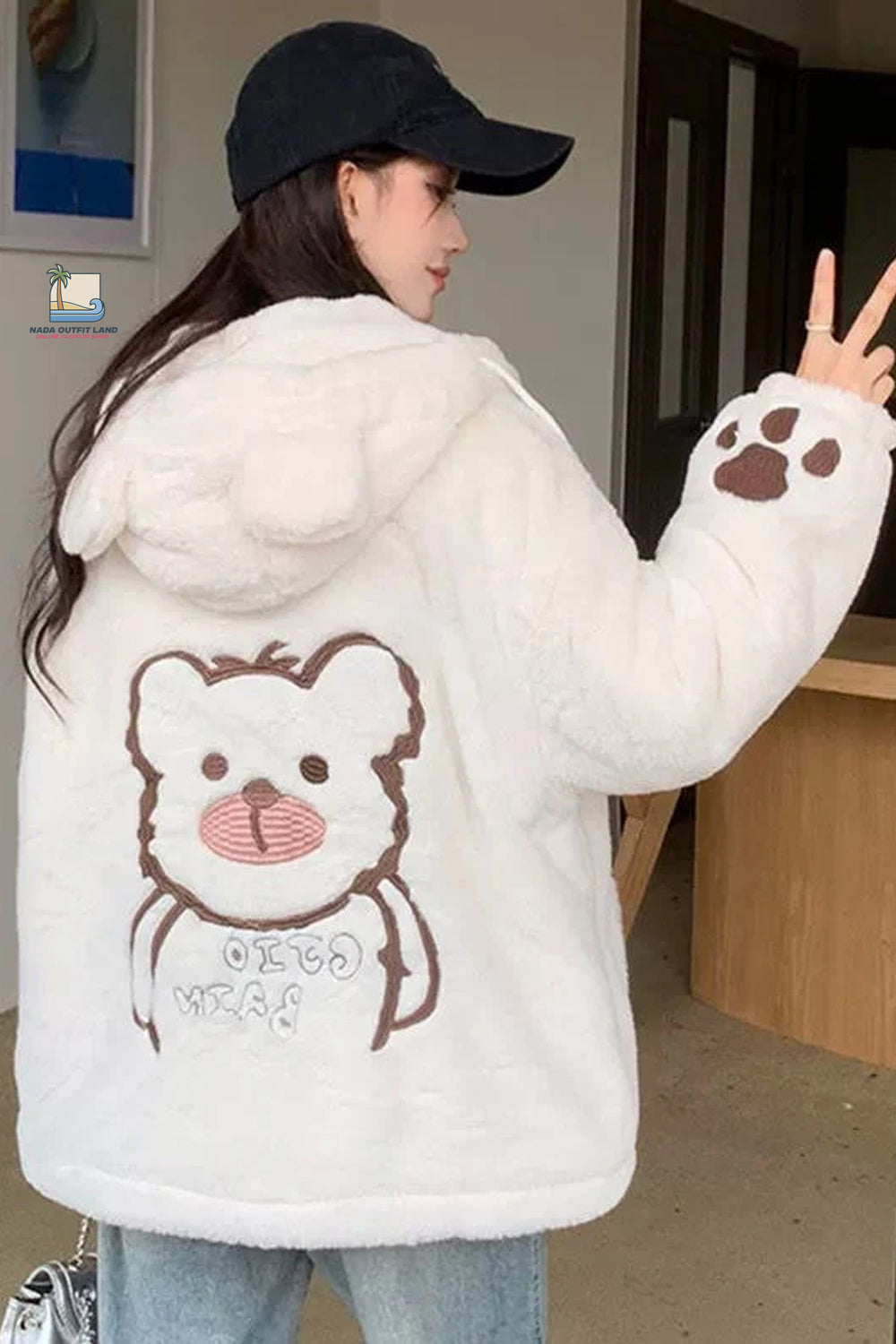Loose Vintage Cute Bear Embroidered Faux Lamb Jacket