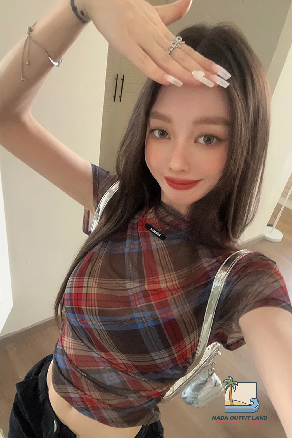 Short Sleeve Plaid Pattern Mesh See Through Summer Slim Shirt