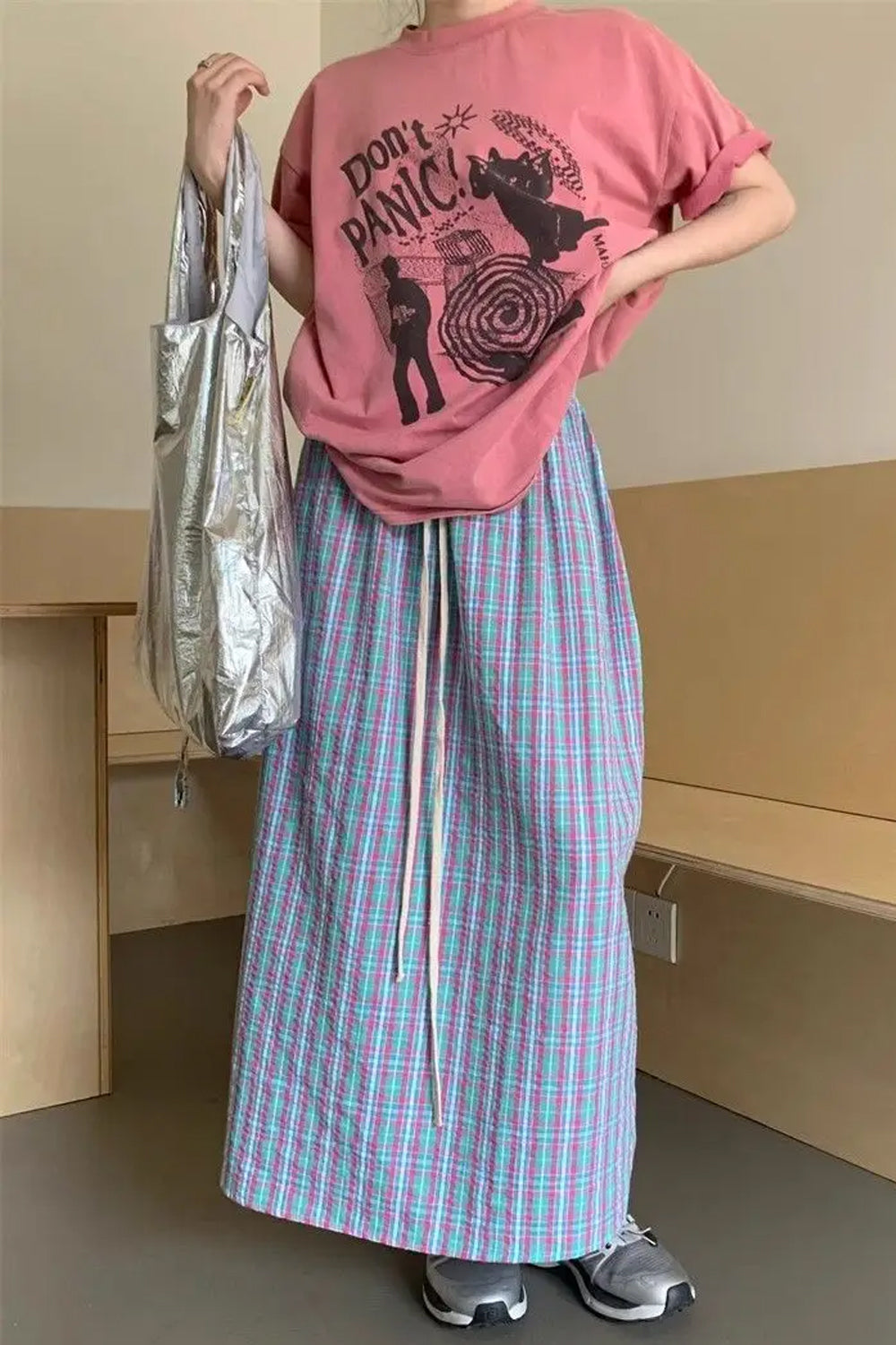 High Waist Plaid Maxi Skirt â€?Soft Aesthetic Everyday Outfit