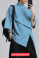 Loose Striped Three Quarter Sleeve Irregular Men Blouse Shirts