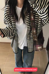 Long Sleeve Black White Striped Knitted Hooded Cardigan Sweater
