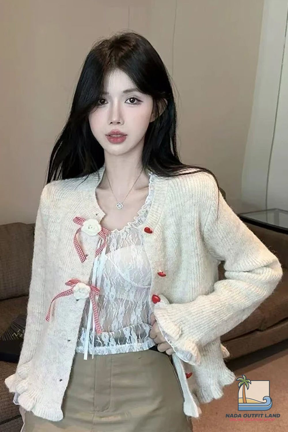 Long Sleeve Cute Bow Heart Button Cardigan Knitted Sweater