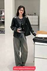 Long Sleeve O-Neck PU Leather Jacket