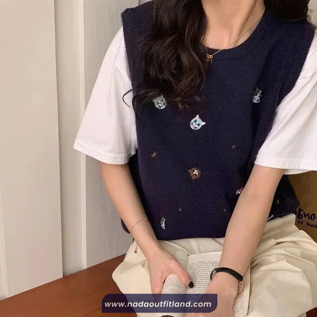 Cute Cat Embroidered Knitted Vest Sweater