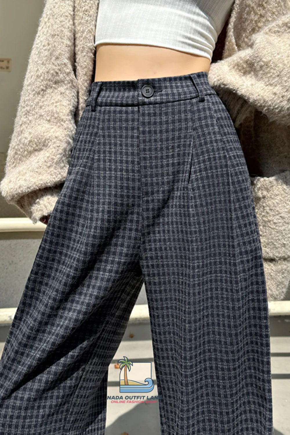 Loose Wide Leg Woolen Plaid Casual Pants