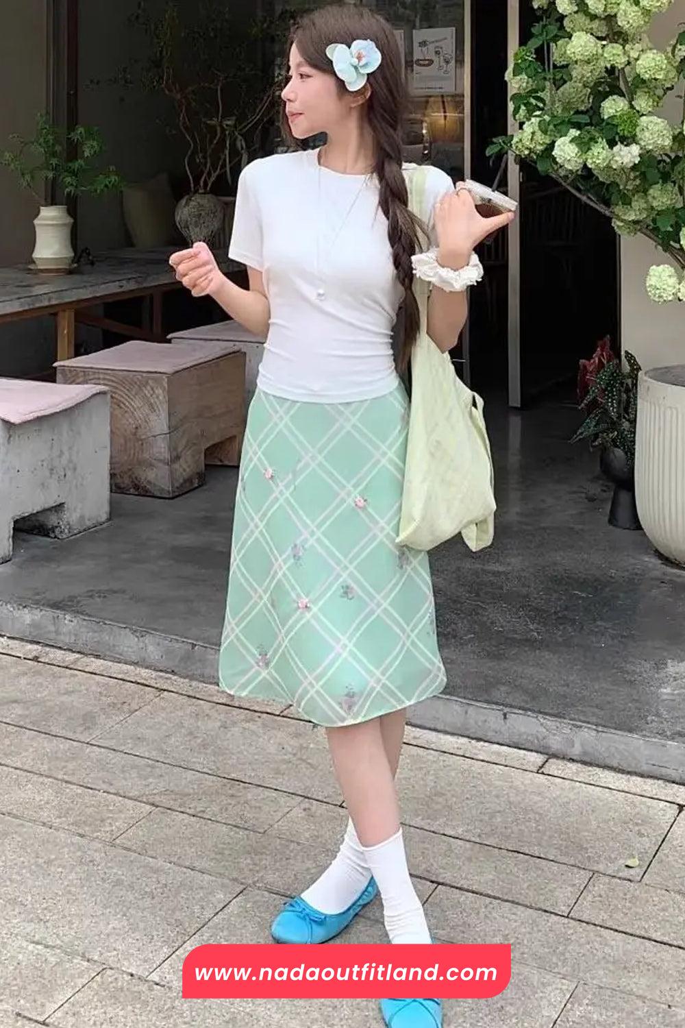 High Waist Argyle Flower Pattern Midi Skirts