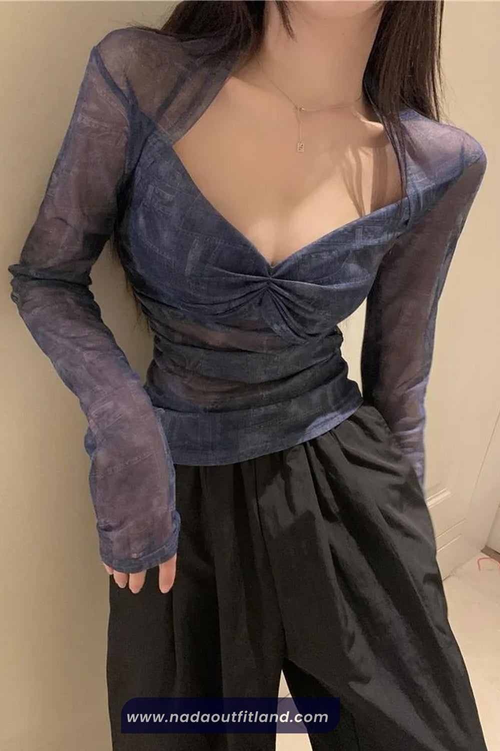 Long Sleeve V-Neck Grunge Ruched Mesh Shirt