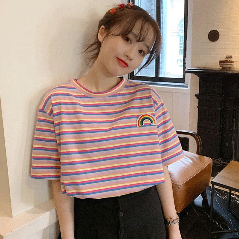 Rainbow Embroidered Striped Short Sleeve Shirt