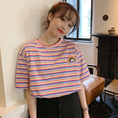 Rainbow Embroidered Striped Short Sleeve Shirt
